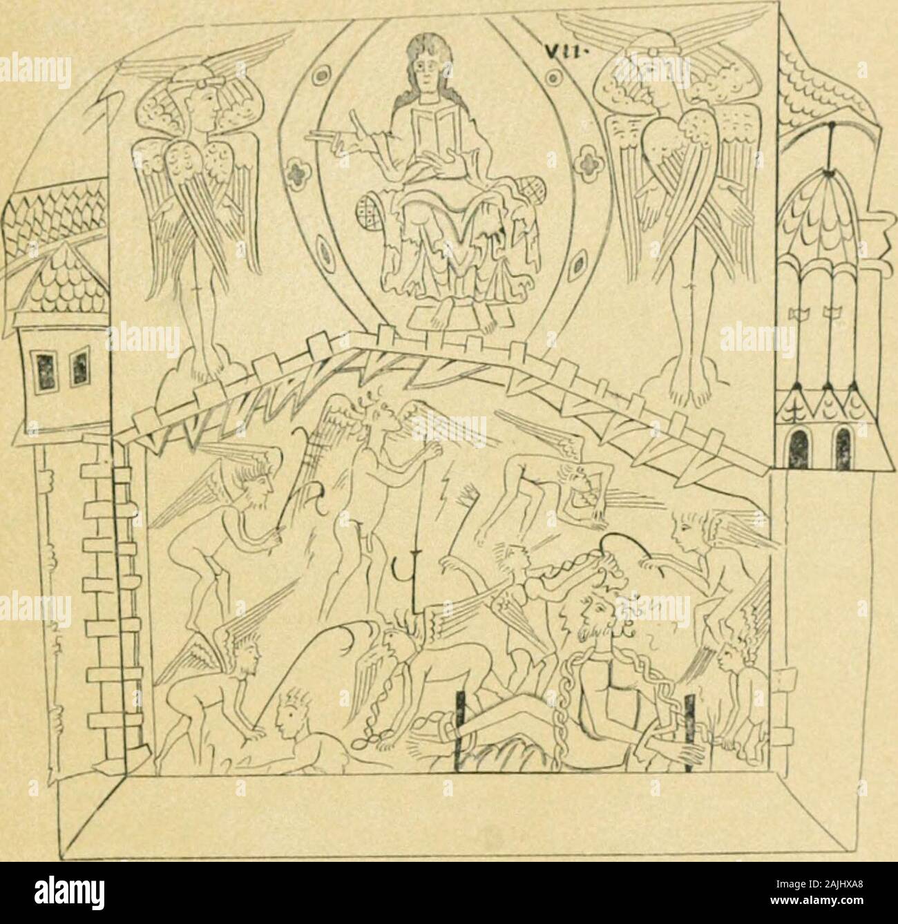 L'epopea della caduta dell uomo; uno studio comparativo di Caedmon, Dante e Milton . n il fuoco liquido, scarse visibleAmid il pendolamento nuvole di laminazione smokeAnd profonda oscurità infernale, l'Angelico hostWho non cadde dal loro amore ancora tenuto lontano offi empyreal merlature del cielo.Questo, quindi percepito la perfida fiends nell'inferno,e in un momento in cui si fermò la loro stoltezza bareIn avendo così scambiate blissFor celeste l'incessante tormenti che loro prideAnd infondata arroganza quindi aveva comportato. In un ceppo simile, Milton racconta come Satana, . . Con la sua orrida equipaggio,Lay vinti, laminazione a fiery gul Foto Stock