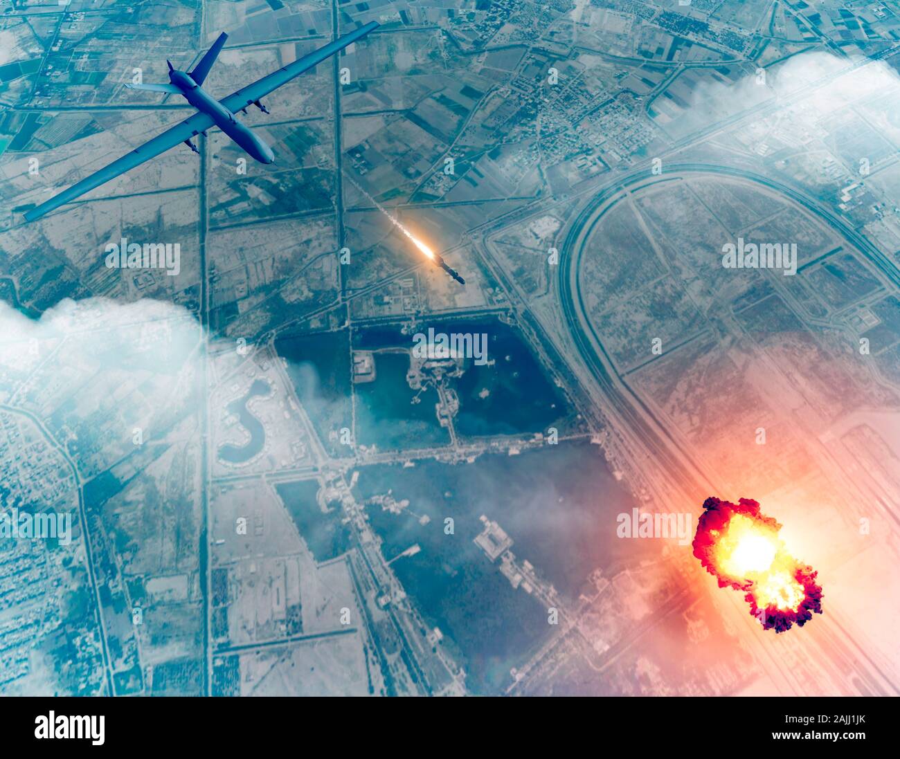 Noi drone attacco contro il convoglio del generale iraniano Soleimani Qassem, 3d rendering. Aeroporto di Baghdad, Iraq. Foto Stock