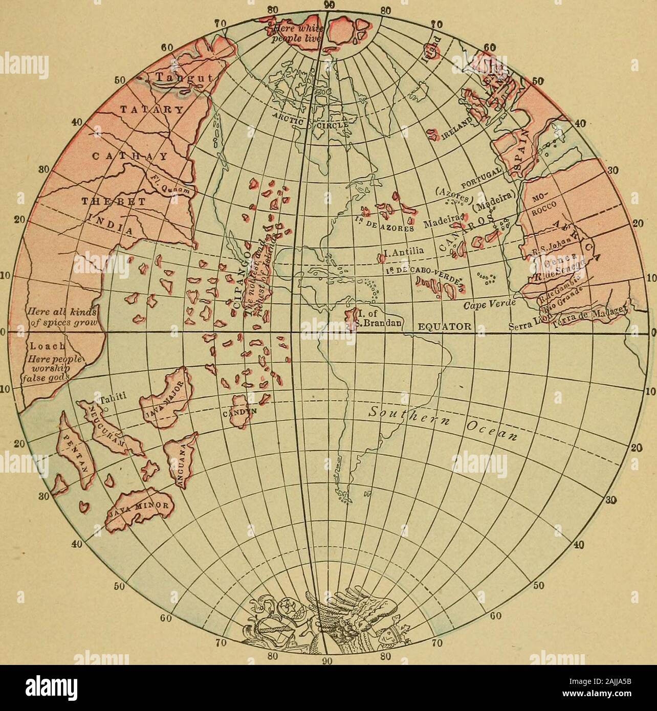 Tempi medievali e moderni; introduzione alla storia dell Europa occidentale formano la dissoluzione dell'Impero Romano fino al tempo presente . lantic al Giappone.1 nel 1492, come tutti sappiamo, un navigatore genovese, Columbus(b. 1451), che ha avuto molta esperienza sul mare, ha ottenuto poco togetherthree navi e ha intrapreso il viaggio verso ovest Zipangu,- la terra d'oro - che egli auspica di raggiungere in cinque settimane.Dopo trenta-due giorni dal momento in cui ha lasciato il canarino Islandshe è venuto sulla terra, l'isola di San Salvador e believedhimself per essere in Indie Orientali. Andando via di là egli dis-coperto l'isola Foto Stock