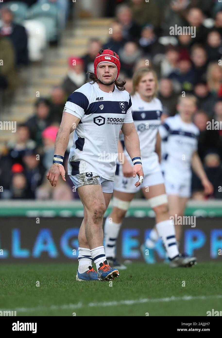 4.1.2020 Leicester, Inghilterra. Rugby Union. Harry Thacker in azione per Bristol porta durante la Premiership Gallagher round 8 partita giocata tra Leicester Tigers e Bristol porta al Welford Road Stadium, Leicester. © Phil Hutchinson/Alamy Live News Foto Stock