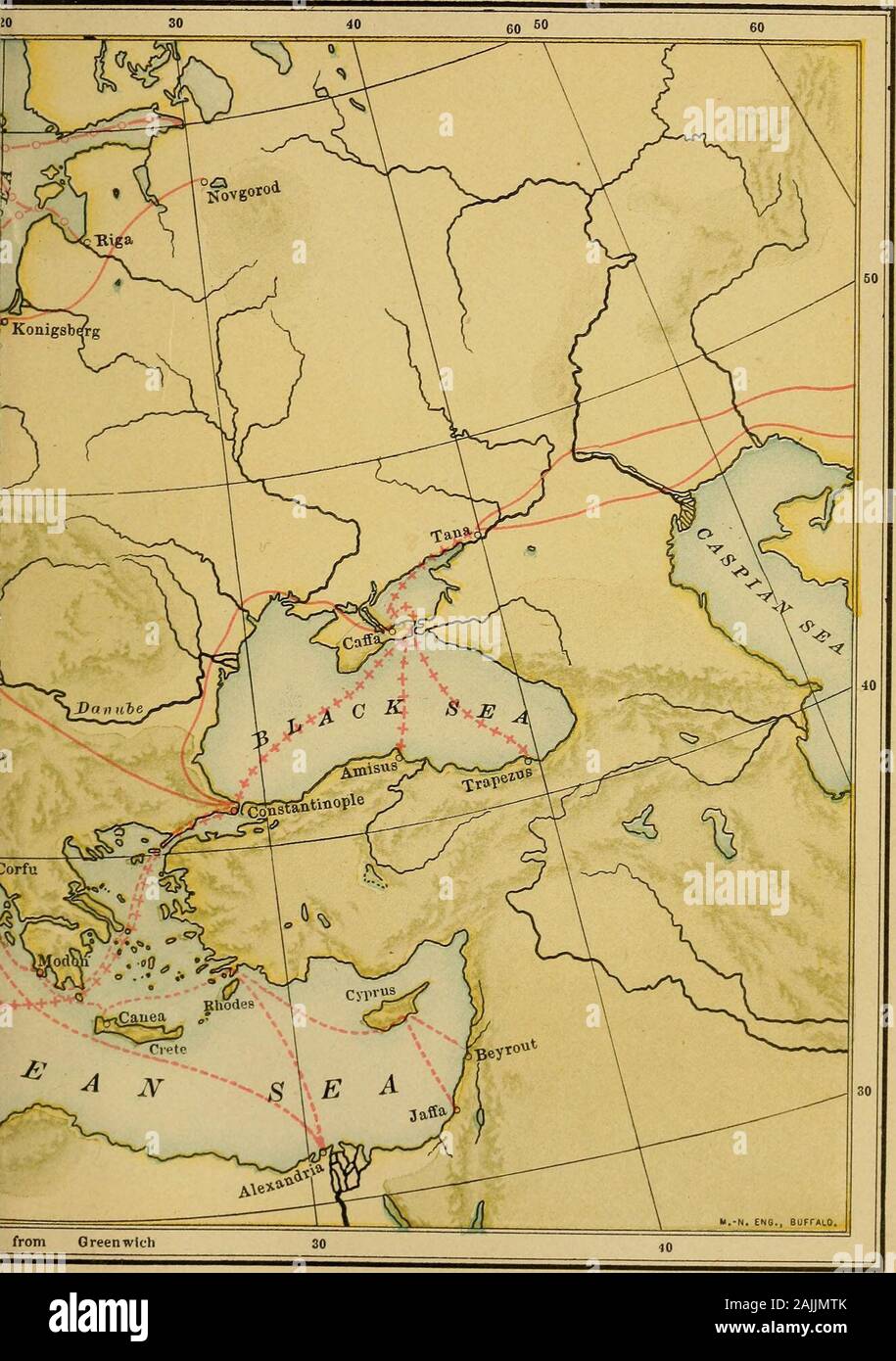 Tempi medievali e moderni; introduzione alla storia dell Europa occidentale formano la dissoluzione dell'Impero Romano fino al tempo presente . Commerciale, TOWNSANJ&GT; rotte commerciali del XIII e XIV secolo vie di comunicazione terrestri {VenetianGenoeseHanse Siracusa +4-+++-H+ 100 200 300 400 500 600 I I I I ? Ho scala di miglia di longitudine est. Città medievali - il loro business e gli Edifici 209 il declino delle strade romane e la generale disorganizzazione pratico dis-prodotte dalle invasioni barbariche. Nei primi secoli del Medioevo di Commercethere non era uno di ricomporre le antiche strade romane. Il grande 1.tJhJe1 ea. Foto Stock