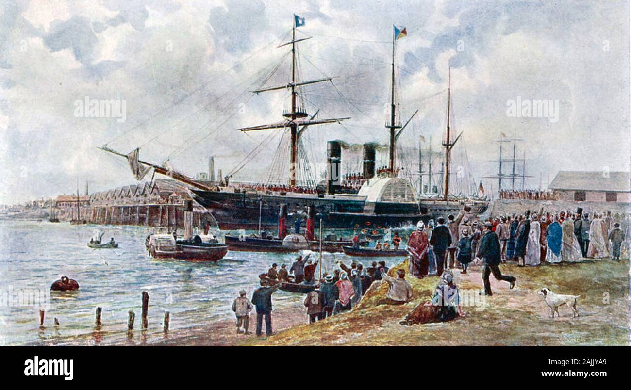Guerra di Crimea le requisite P&O battello a vapore Rippon lasciando Southampton che trasportano i soldati britannici sono legate per la Crimea nel 1859 Foto Stock