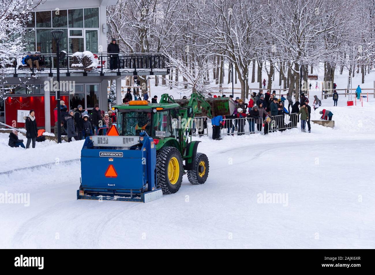 Montreal, CA - 01 Gennaio 2020: la pista di pattinaggio su ghiaccio pulito da Zamboni resurfacing macchina al refrigerato pista di pattinaggio sul ghiaccio in cima di Mount Royal Foto Stock