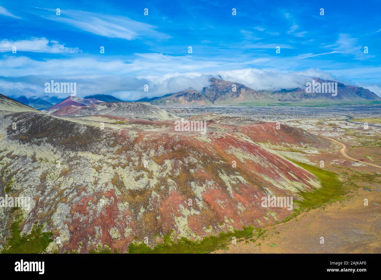 Antenna fuco vista del paesaggio vulcanico Islanda Berserkjahraun, Snaefellsnes Foto Stock