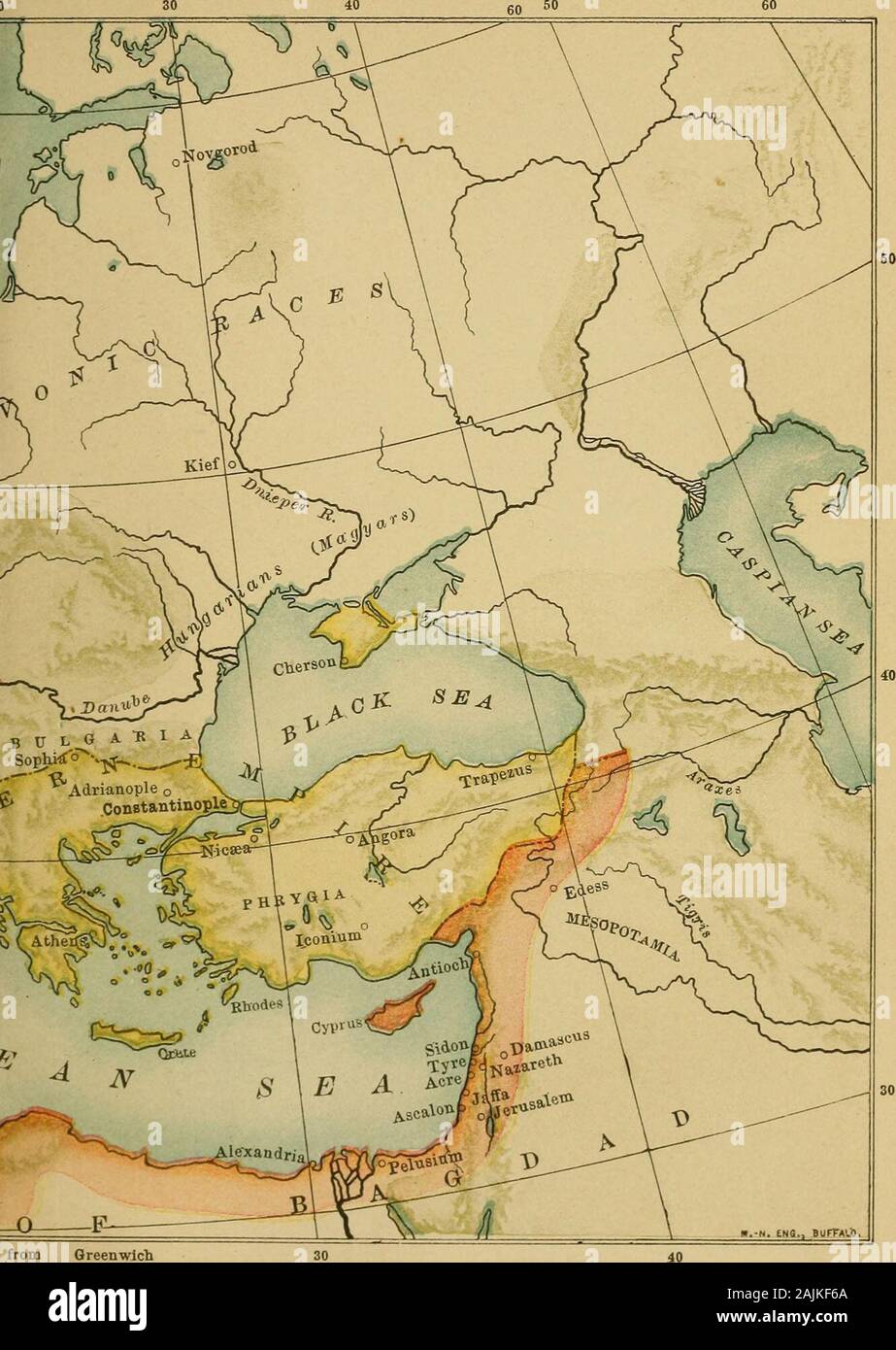 Tempi medievali e moderni; introduzione alla storia dell Europa occidentale formano la dissoluzione dell'Impero Romano fino al tempo presente . / Europa al tempo di Carlo Magno A. D. 814 MI | possedimenti originale IO HO conquista da parte di Carlo Magno 0 A00 200 300 400 500 " Z-* . 1 1 ? Scala ofJVIiles. Longitudine eas.l. da Greenwich a Carlo Magno e al suo impero 81 Mori in Spagna. Contro questi era necessario per proteggere hisrealms, e la seconda parte di Charlemagnes regno era devotedto ciò che può essere chiamato la sua politica estera. Una singola campagna in789 sembra essere bastato a sottomettere gli slavi che i laici a th Foto Stock