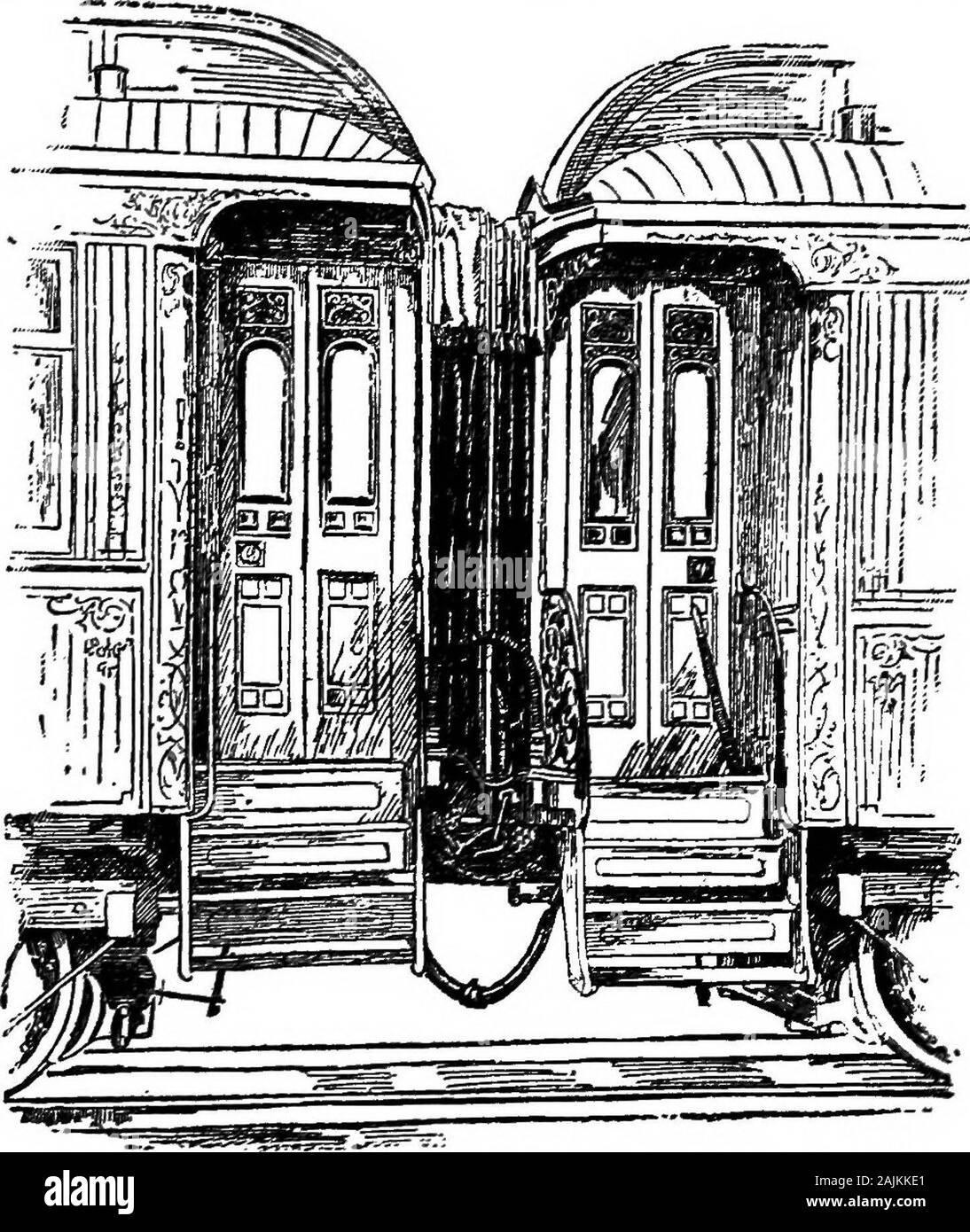 La storia del Pullman auto . res, andparticularly la disposizione delle molle whichkept le vetture in linea in un piano verticale. Il vestibolo è stato brevettato in 1887. Dalla sua ap-plicatura l'aspetto del treno come una unità wasmaterially aumentata, ma di gran lunga più importancewas il contributo che apporta alla sicurezza. Notonly ha racchiuso il vestibolo forniscono protezione topassengers attraversando la piattaforma da una macchina ad un altro, ma l'intera costruzione di vestibolo supervisore diretto-ha dato immediatamente una maggiore sicurezza in caso di naufragio bypreventing una piattaforma da equitazione otherand producendo un telescopin Foto Stock
