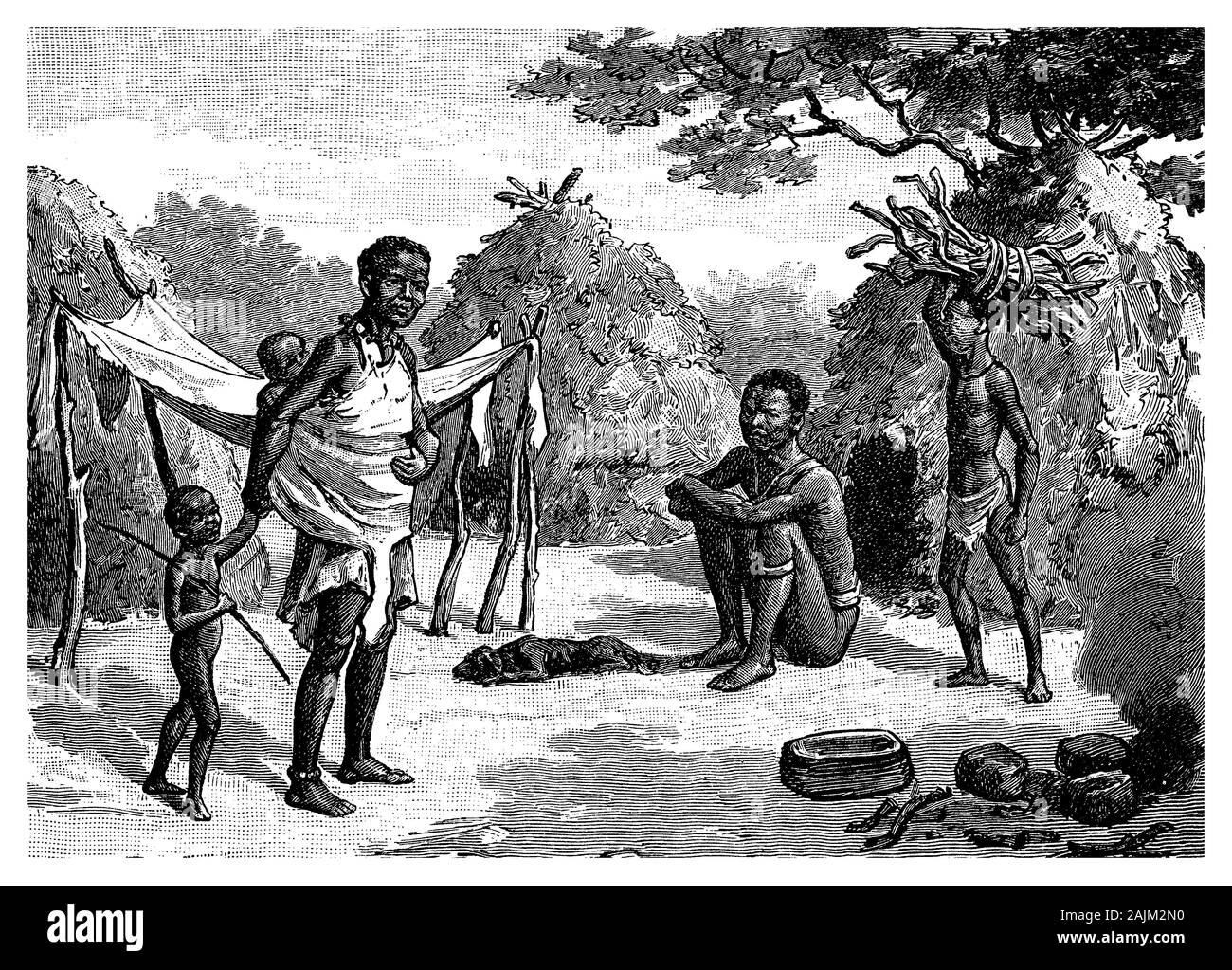 San semi-nomadi cacciatori-raccoglitori popolo chiamato anche i Boscimani del Kalahari, vivono in condizioni di povertà in capanne di fango attorno a un permanente waterhole. Le donne hanno uno stato alto e sono molto rispettato. Foto Stock