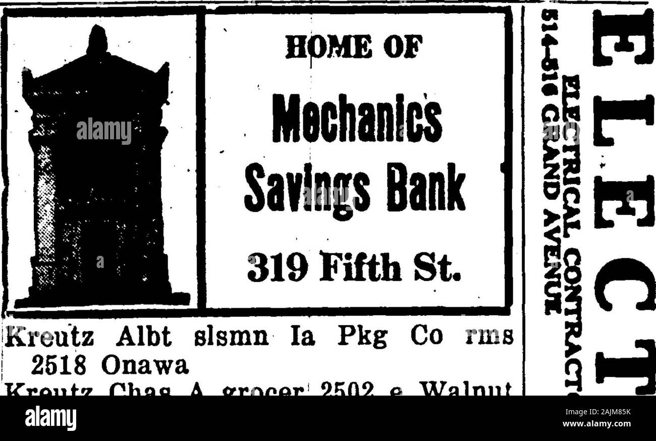 1921 Des Moines e Polk County, Iowa, Città Directory . 4406-JKreidler Faye studente Drake univer-sità bds 1605 22dKrekel Clarence G elk P 0 res 1915 Allison avKrell Giacobbe bds 615 LyonKrell Louis H slsmn Aringa Motor Co res 941 19thKrell Menard pdlr res 615 LyonKrell Saml W barbiere Fitch & Booth bds 1517 e 2lBtKremer Homer carp res 2041 CapitolKremers John H insp la Tel Co rms 1238 23dKrenz Otto l ufficio mngr Schulze Bak-ing Co res 913 Penn avKrepps Ella (wid Jas) hskpr Y M C A res 740 17thKreps De Witt photog bds 1421 GrandKreps Lecia dispensatore di soda Miller & John bds 1421 GrandKreps Sibina (wi Foto Stock