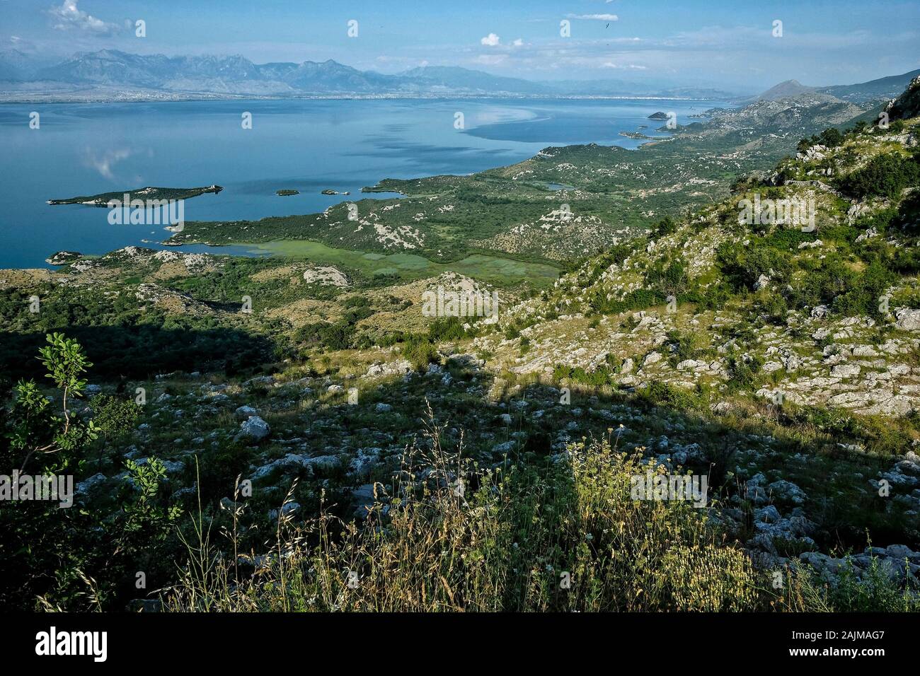 Scatto panoramico da una collina sopra il lago Skadar, Montenegro Foto Stock