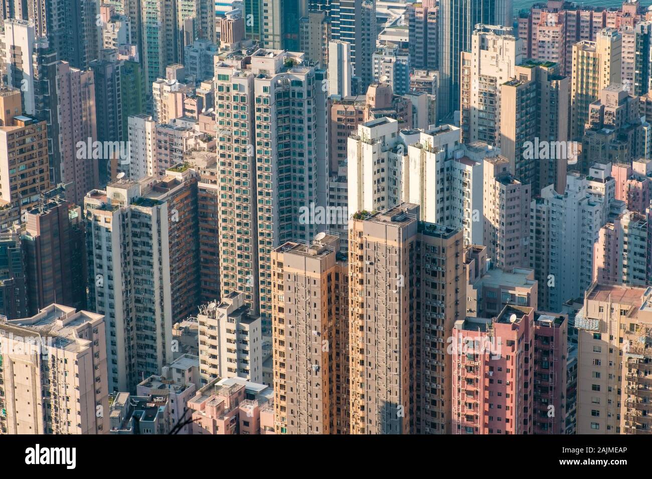 Antenna di città, grattacielo edifici del centro cittadino di Hong Kong Foto Stock