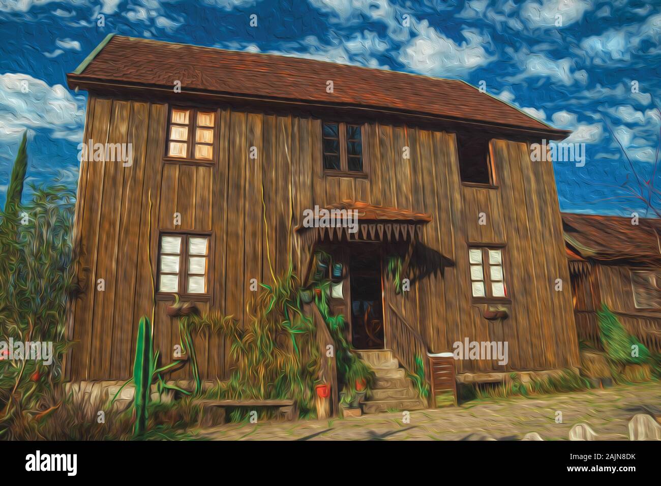 Facciata di legno affascinante vecchia casa in un tradizionale stile rurale vicino a Bento Goncalves. Un paese di campagna nel sud del Brasile. Pittura a olio filtro. Foto Stock