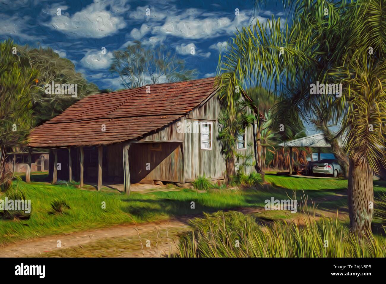 Vecchia baracca di legno in un tradizionale stile rurale con vegetazione lussureggiante, vicino a Bento Goncalves. Un paese di campagna nel sud del Brasile. Pittura a olio filtro. Foto Stock