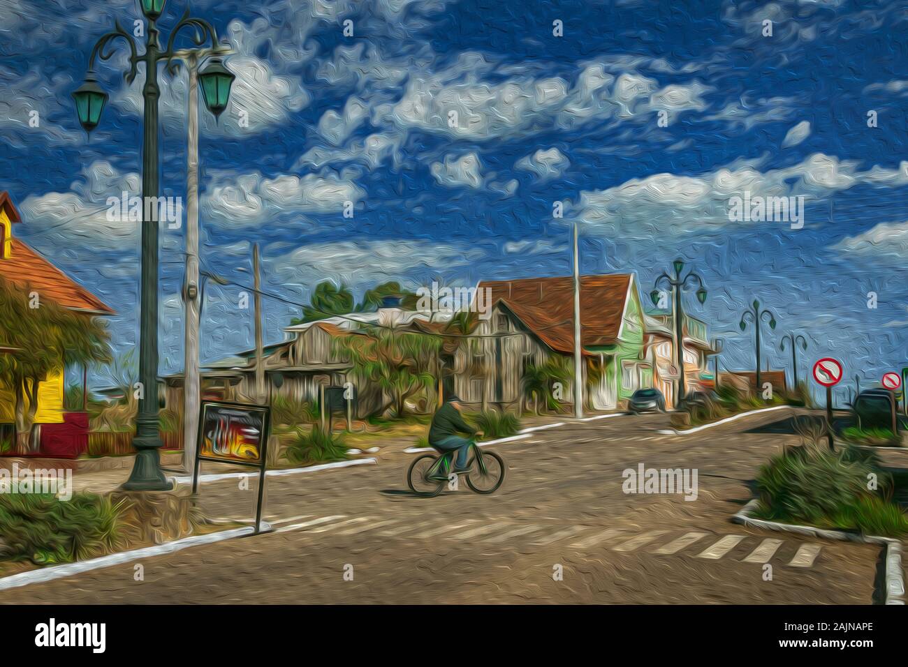 I pali della luce e il ciclista sulla Getulio Vargas Avenue in Cambara do Sul. Una città con una naturale Attrazioni turistiche nel sud del Brasile. Pittura a olio filtro. Foto Stock