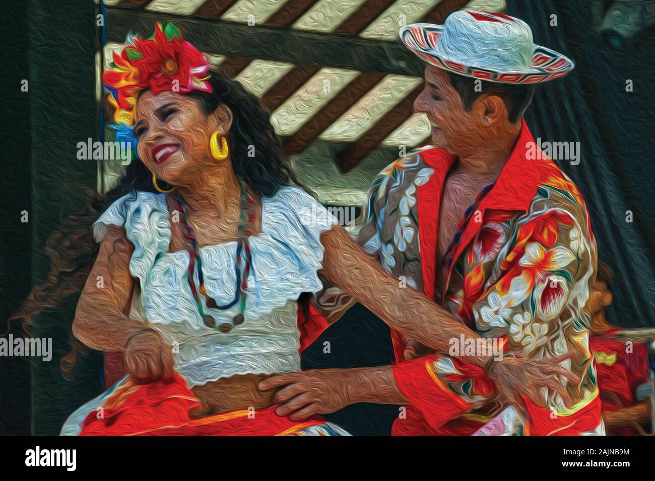 Brasiliano ballerini folk eseguendo una danza tipica a Nova Petropolis. Una città fondata da immigrati tedeschi nel sud del Brasile. Pittura a olio filtro. Foto Stock