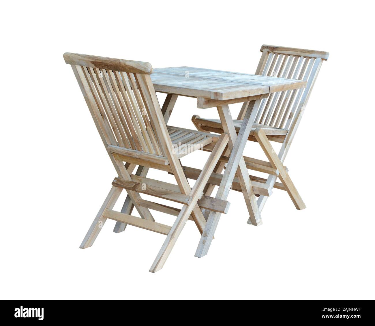 Set di piegatura mobili in legno per il giardino o la cucina, isolato su uno sfondo bianco. Foto Stock