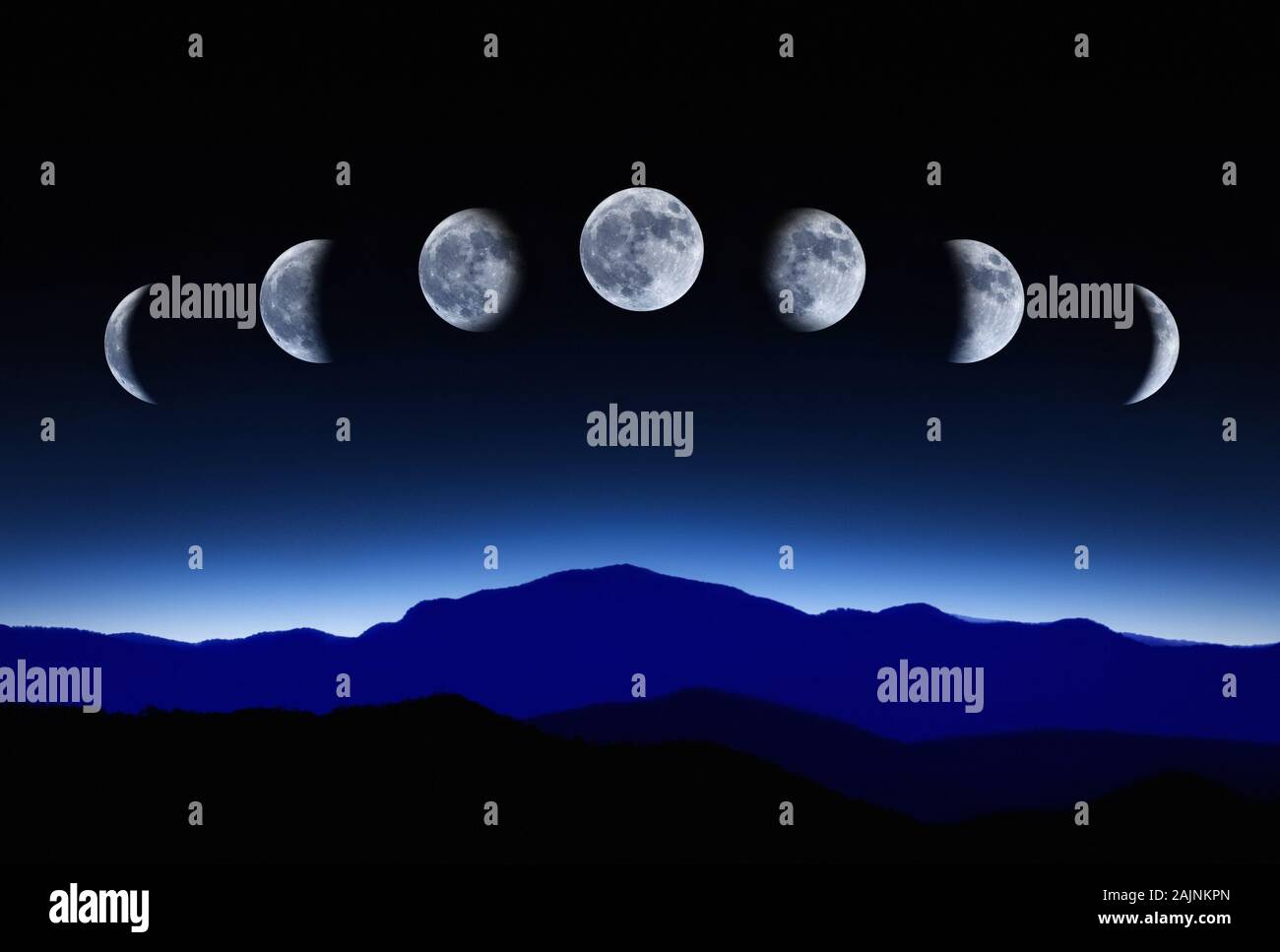 Luna ciclo lunare fasi nel cielo notturno, time-lapse concept Foto Stock