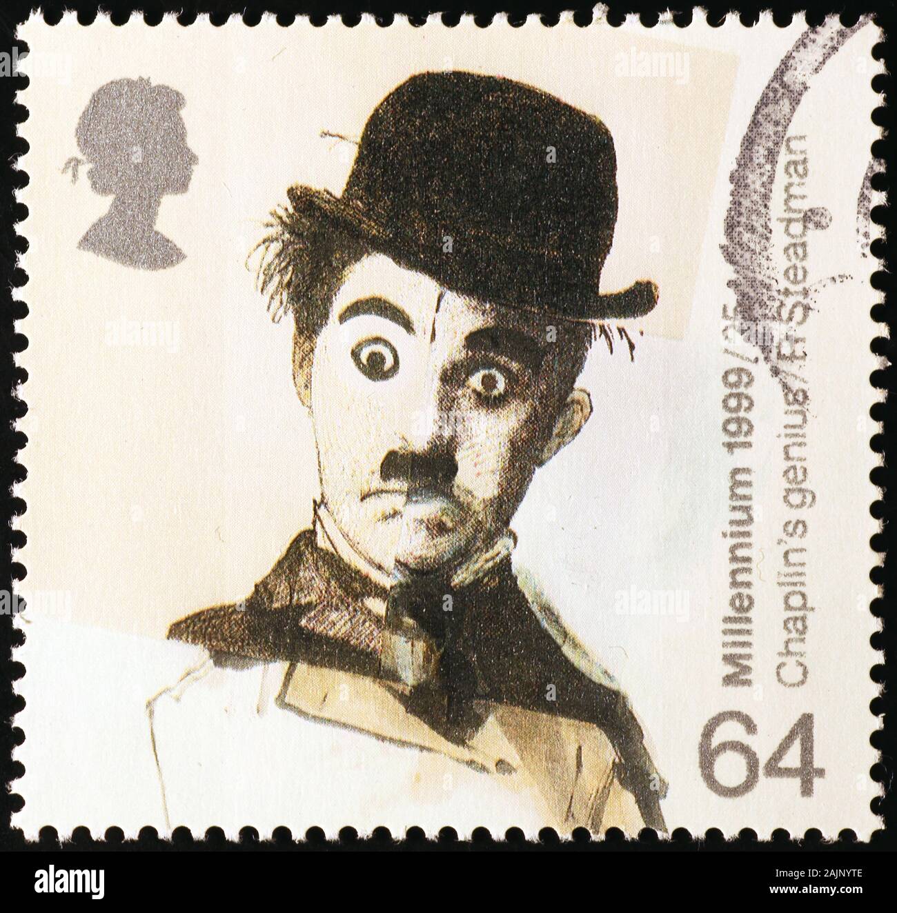 Ritratto di Charlot su francobollo britannico Foto Stock