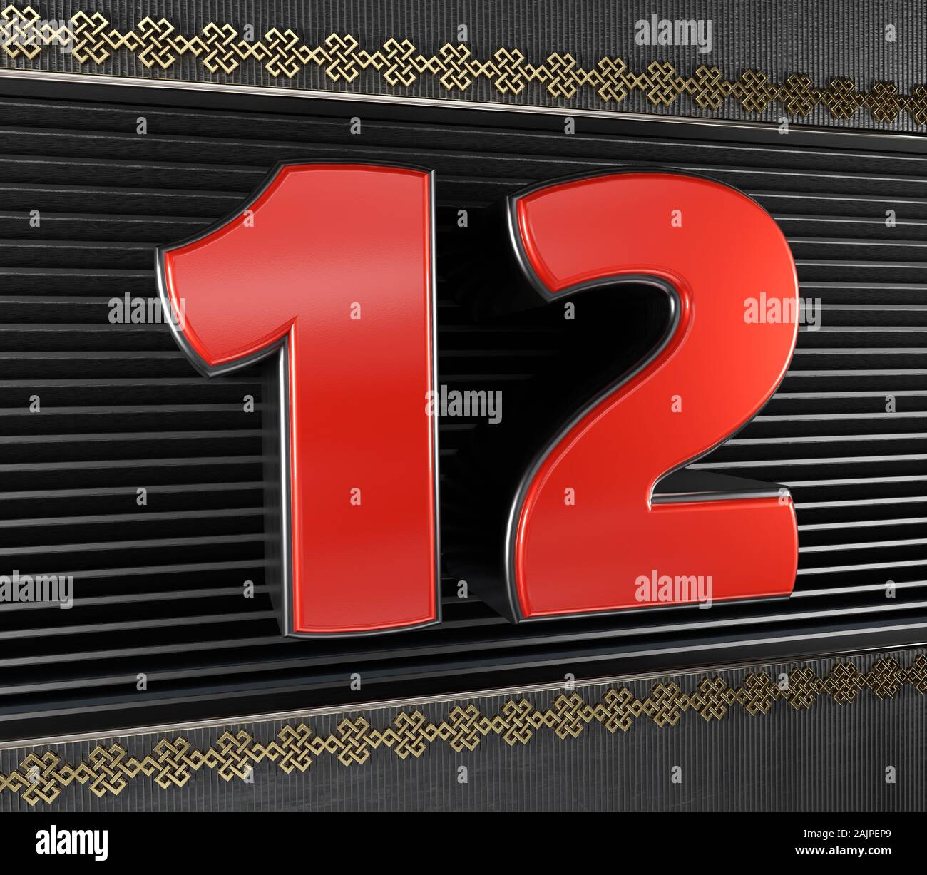 Numero rosso 12 (numero dodici) con simboli d'oro nodo infinito. 3D illustrazione Foto Stock