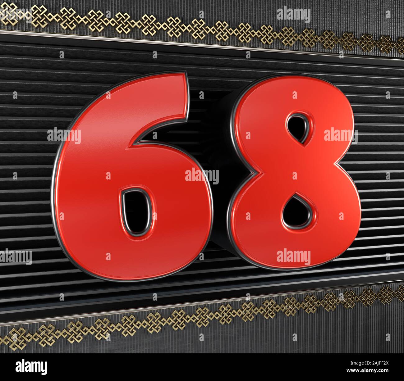 Numero rosso 68 (numero sessantotto) con simboli d'oro nodo infinito. 3D illustrazione Foto Stock