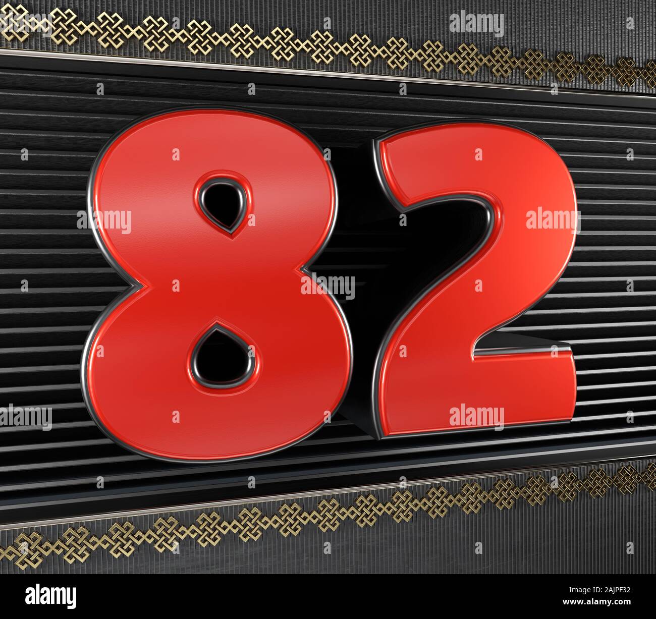 Numero rosso 82 (numero ottanta-due) con simboli d'oro nodo infinito. 3D illustrazione Foto Stock