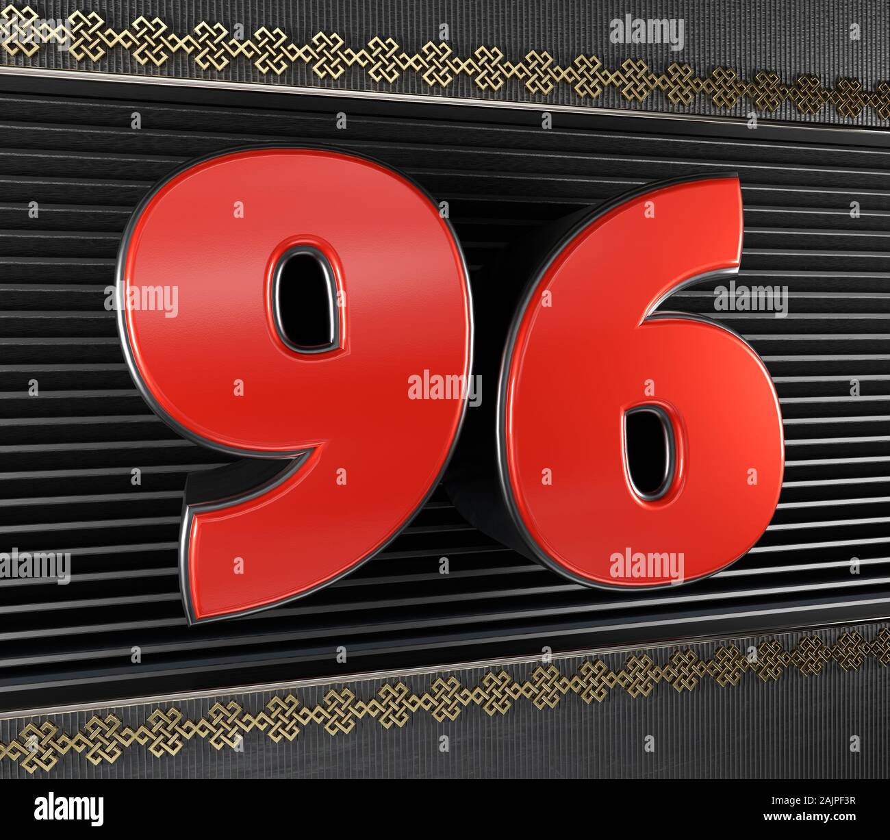 Numero rosso 96 (numero novantasei) con simboli d'oro nodo infinito. 3D illustrazione Foto Stock