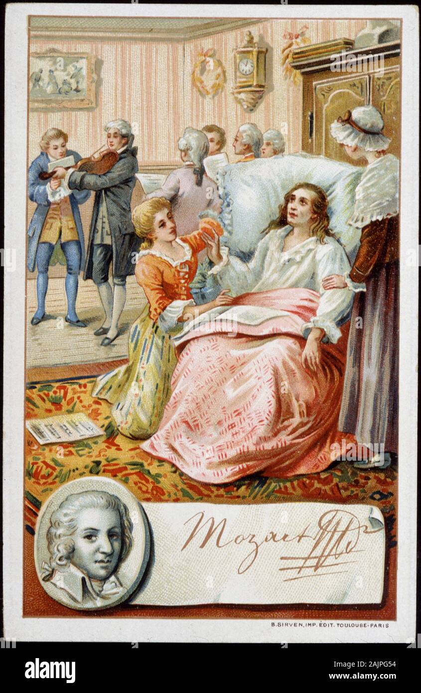 Wolfgang Amadeus Mozart (1756-1791) aux derniers jours de sa vie. Chromolithographie du 19eme siecle Foto Stock