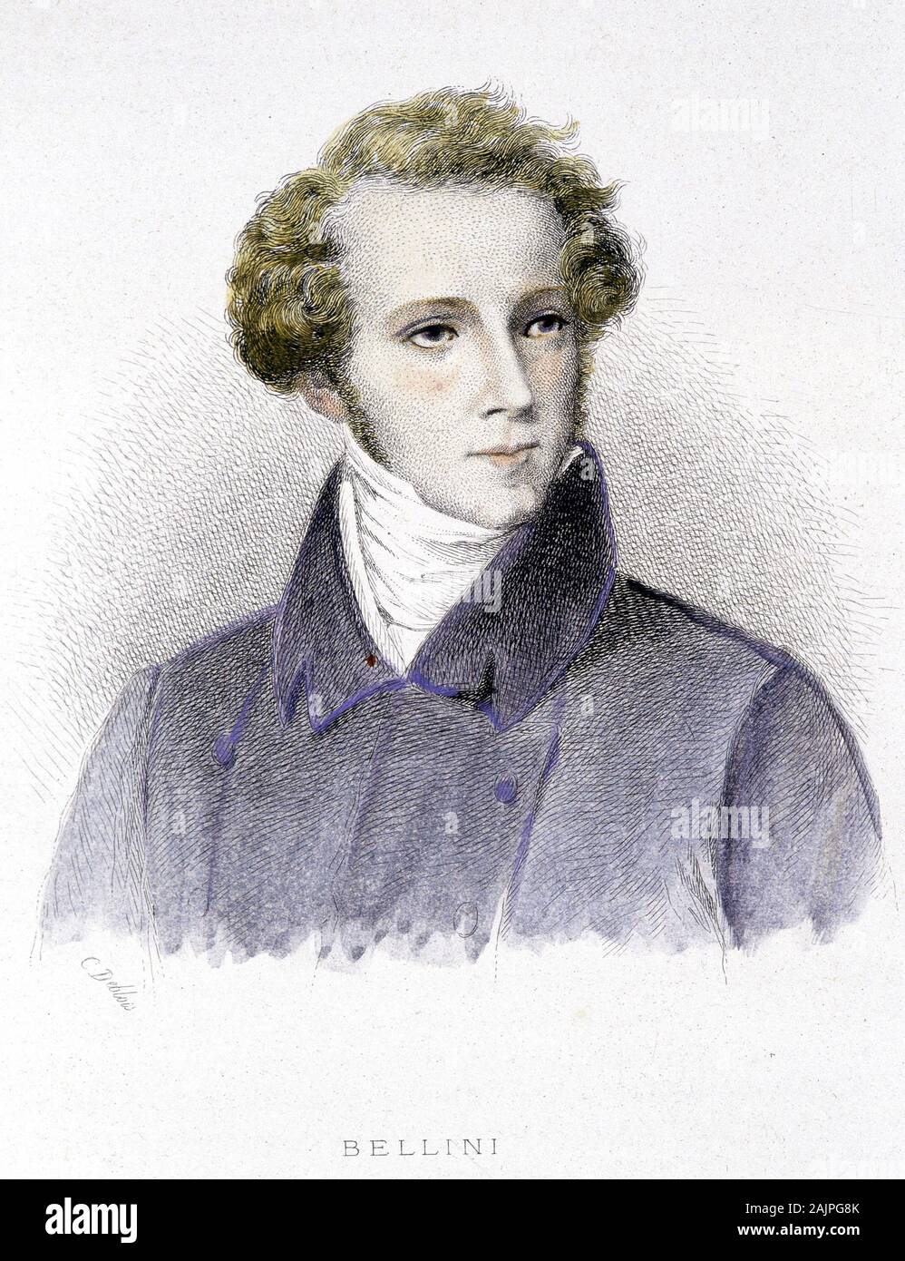 Portrait de Vincenzo Bellini, compositeur italien (1801-1835) - rotocalco, XIXeme siecle Foto Stock