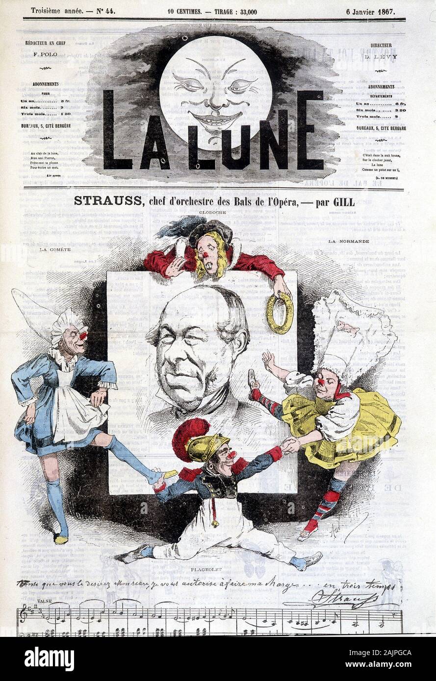 La caricatura de Johann Strauss fils (1825-1899) in 'La lune", le 6 janvier 1867. Dessin de Gill. Foto Stock