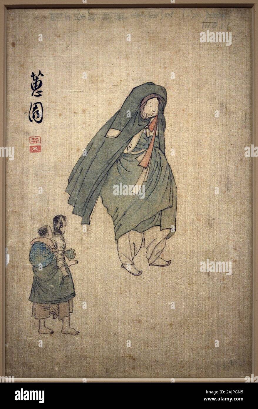 Femme emmitouflee dans son manteau, passant una cote de deux enfants. Peinture de Shin Yunbok (vers 1758-1813), encre sur papier, 18e siecle, arte coreen Foto Stock