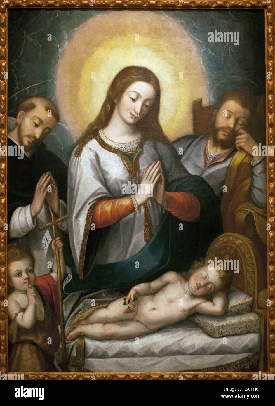 La Sainte Famille avec Saint Jean Baptiste et Saint Dominique. Peinture de Angelino Medoro (1576-1633), Huile sur toile, 1622. Musee des Beaux Arts de Foto Stock