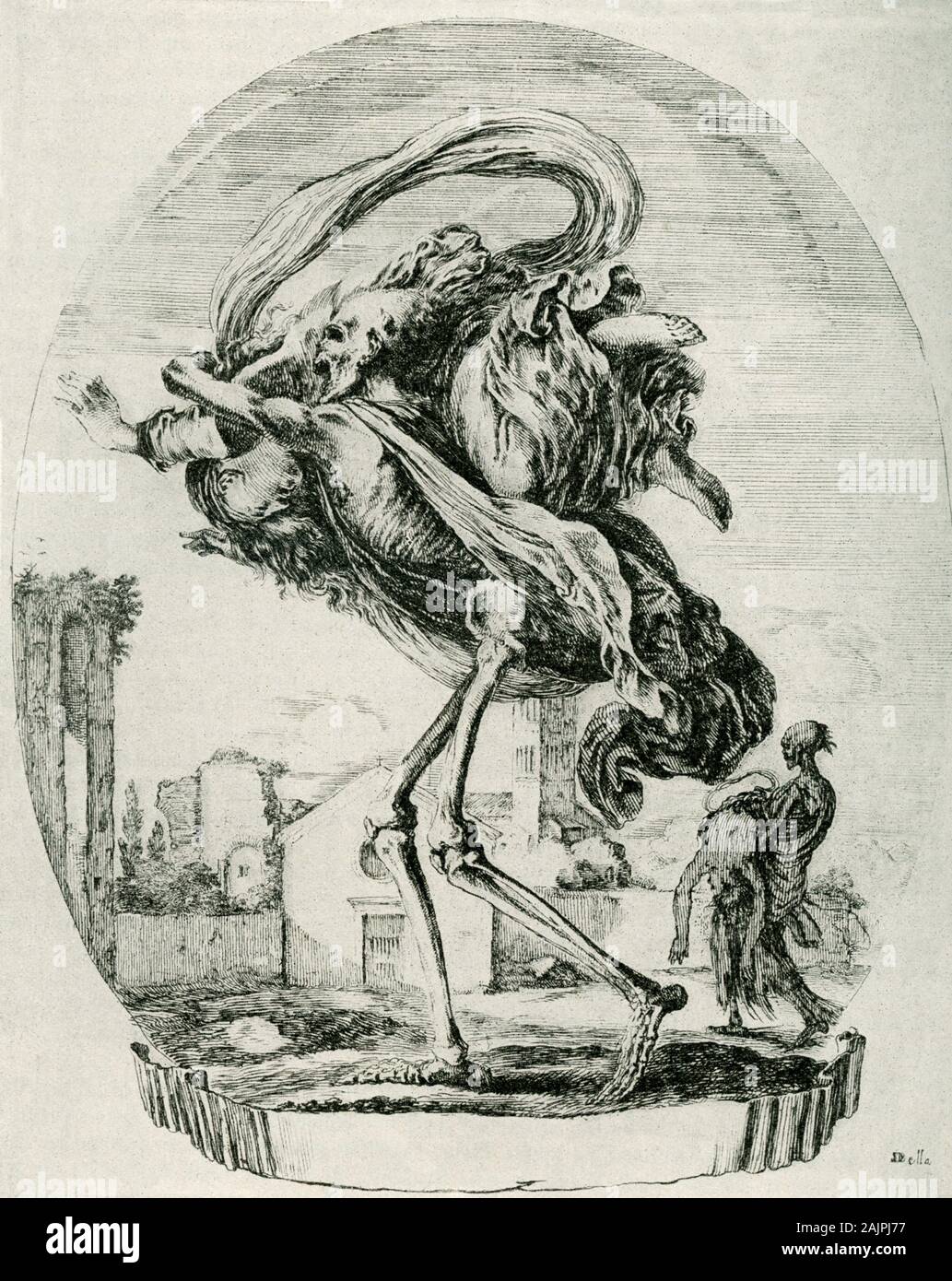 Questa incisione di Stefano della Bella è intitolato "La morte come un Strangler." Stefano della Bella (17 maggio 1610 - 12 luglio 1664) era un italiano di disegnatore e incisore noto per le incisioni di una grande varietà di soggetti, compreso quello militare e scene di corte, paesaggi, vivace e scene di genere. Foto Stock
