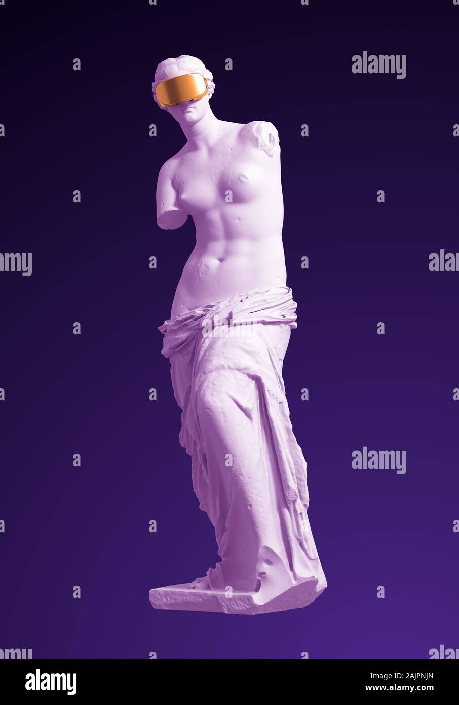 Modello 3D Aphrodite con Golden VR occhiali su sfondo viola Foto Stock