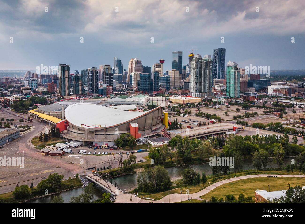 Vista aerea del centro cittadino di Calgary, Alberta, Canada. Foto Stock