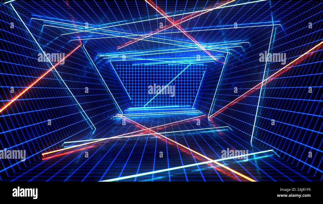 Interno astratto blu e rosso con luce al neon. Lampada fluorescente. Architettura futuristica. illustrazione 3d delle lampade al neon che si illuminano Foto Stock Interno astratto blu e rosso con luce al neon. Lampada fluorescente. Architettura futuristica. illustrazione 3d delle lampade al neon che si illuminano Foto Stock