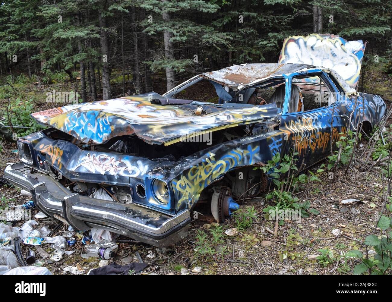 Auto abbandonate in Alaska forest Foto Stock