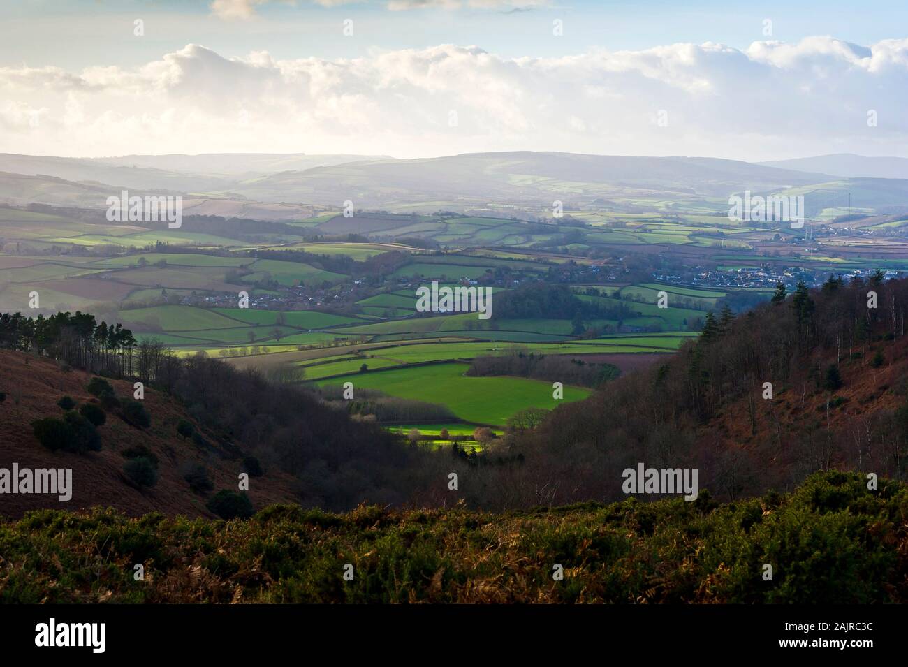 Vista dal Beacon Hill nel Quantocks, Somerset, verso Exmoor, REGNO UNITO Foto Stock