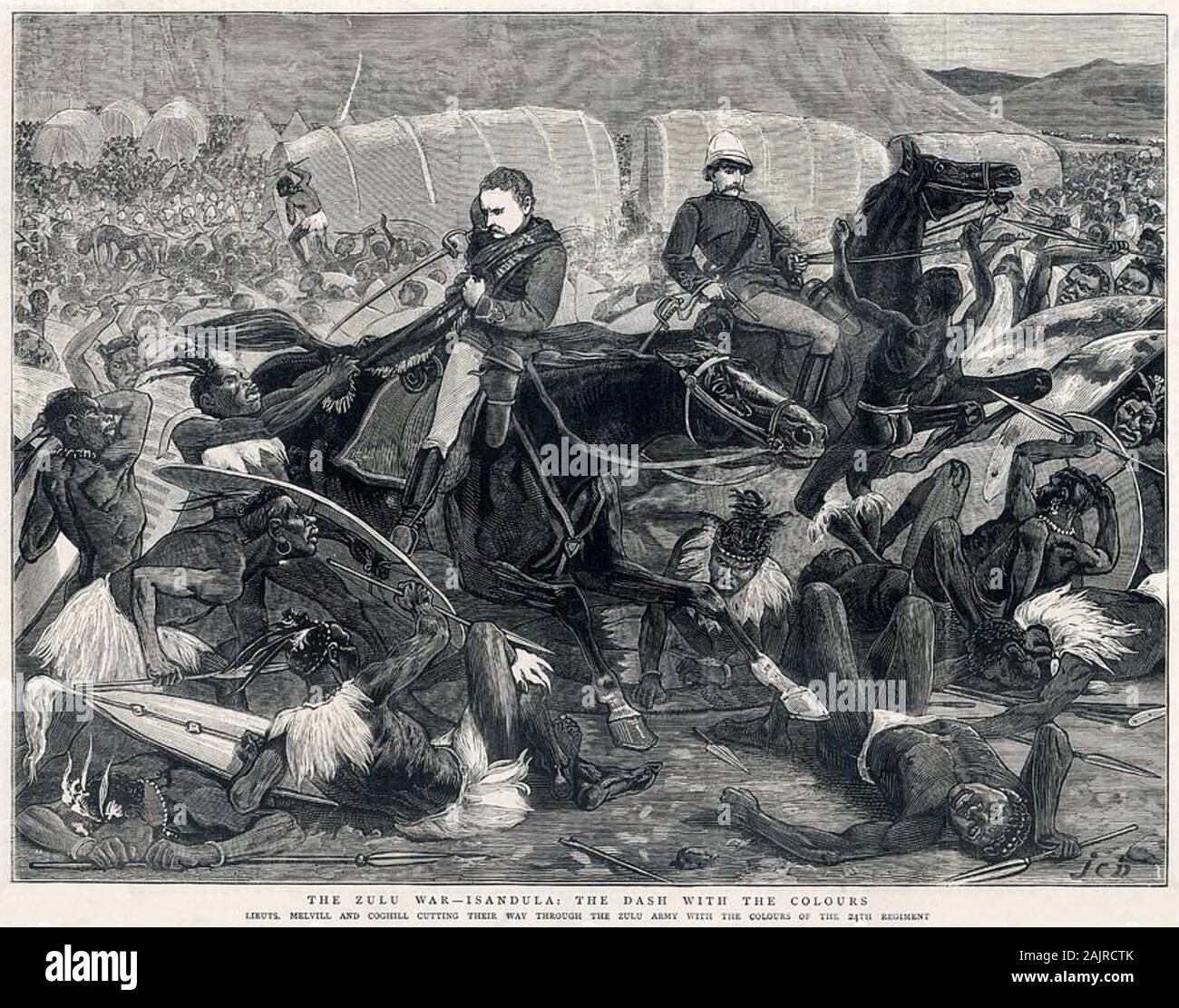 Battaglia di ISANDALWANA 22 gennaio 1879. Tenenti Melville e Coghill tentativo di fuga con il Queen's Colore del 1° Reggimento XXIV Foto Stock