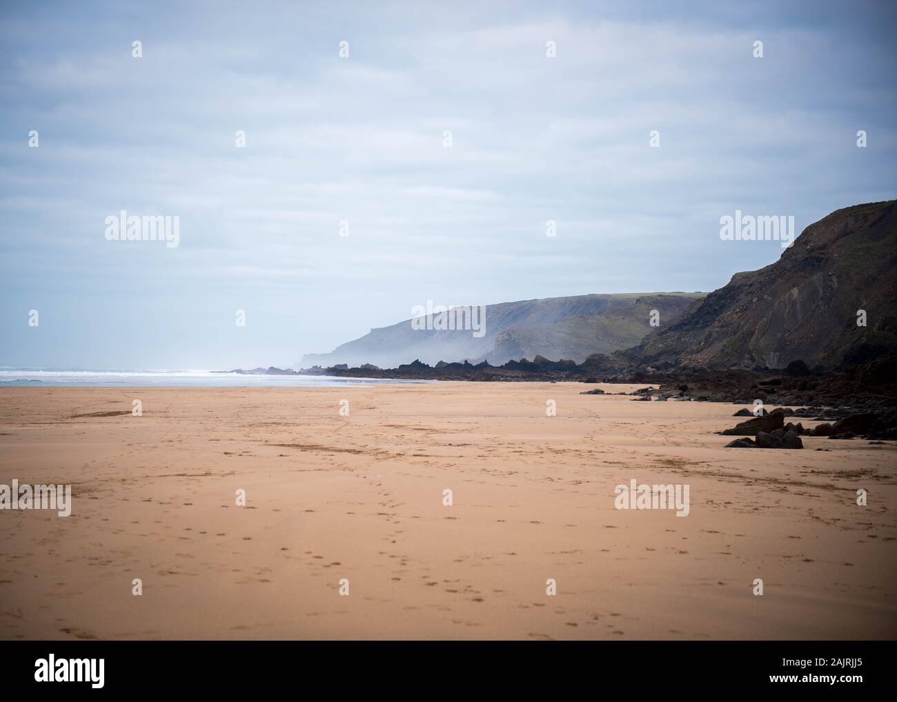Spiaggia Sandymouth in Bude, Cornwall Regno Unito - Gennaio 2019 Foto Stock