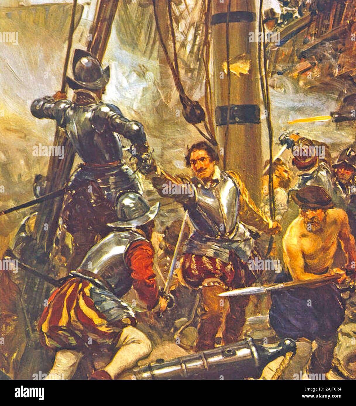 RICHARD GRENVILLE (1542-1591) inglese sailor mostrato nei primi del XX secolo illustrazione difendendo la sua nave la vendetta contro pensionanti spagnolo nella battaglia di Flores nel 1591 Foto Stock