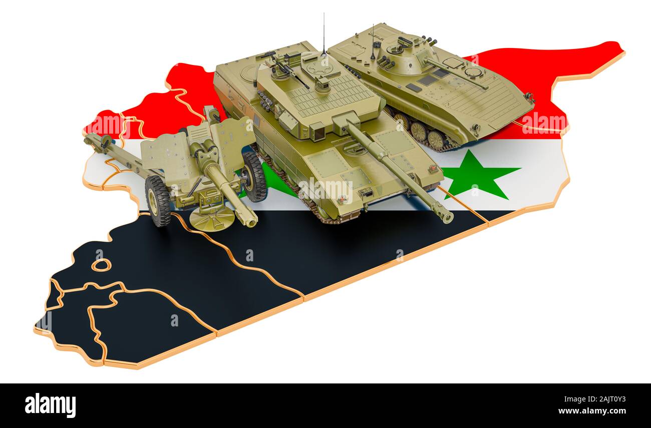 Lottare contro i veicoli sulla mappa siriana. La difesa militare della Siria concetto, 3D rendering isolati su sfondo bianco Foto Stock