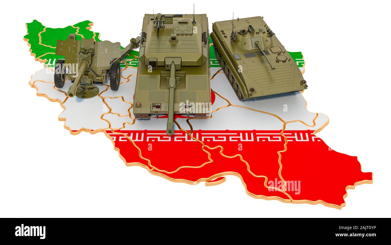 Lottare contro i veicoli sulla mappa iraniana. La difesa militare del concetto di Iran, rendering 3D isolati su sfondo bianco Foto Stock