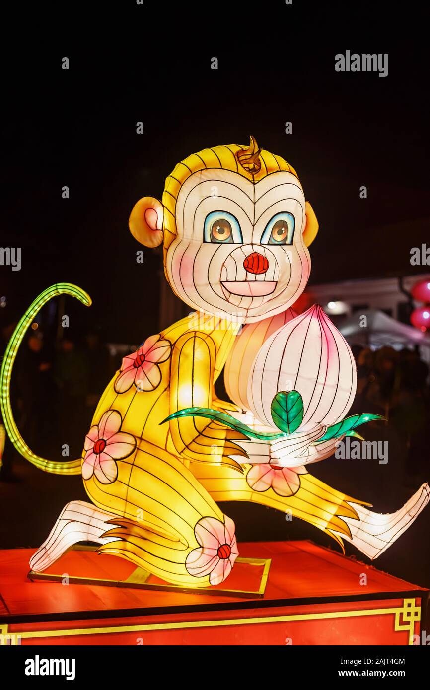Scimmia gigante lanterna della Cina, simbolo dello zodiaco. Festival della luce in Pakruojis Manor, Lituania Foto Stock