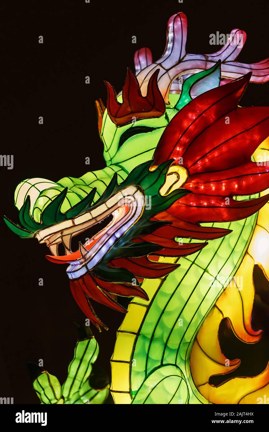 Drago gigante lanterna della Cina, simbolo dello zodiaco. Festival della luce in Pakruojis Manor, Lituania Foto Stock