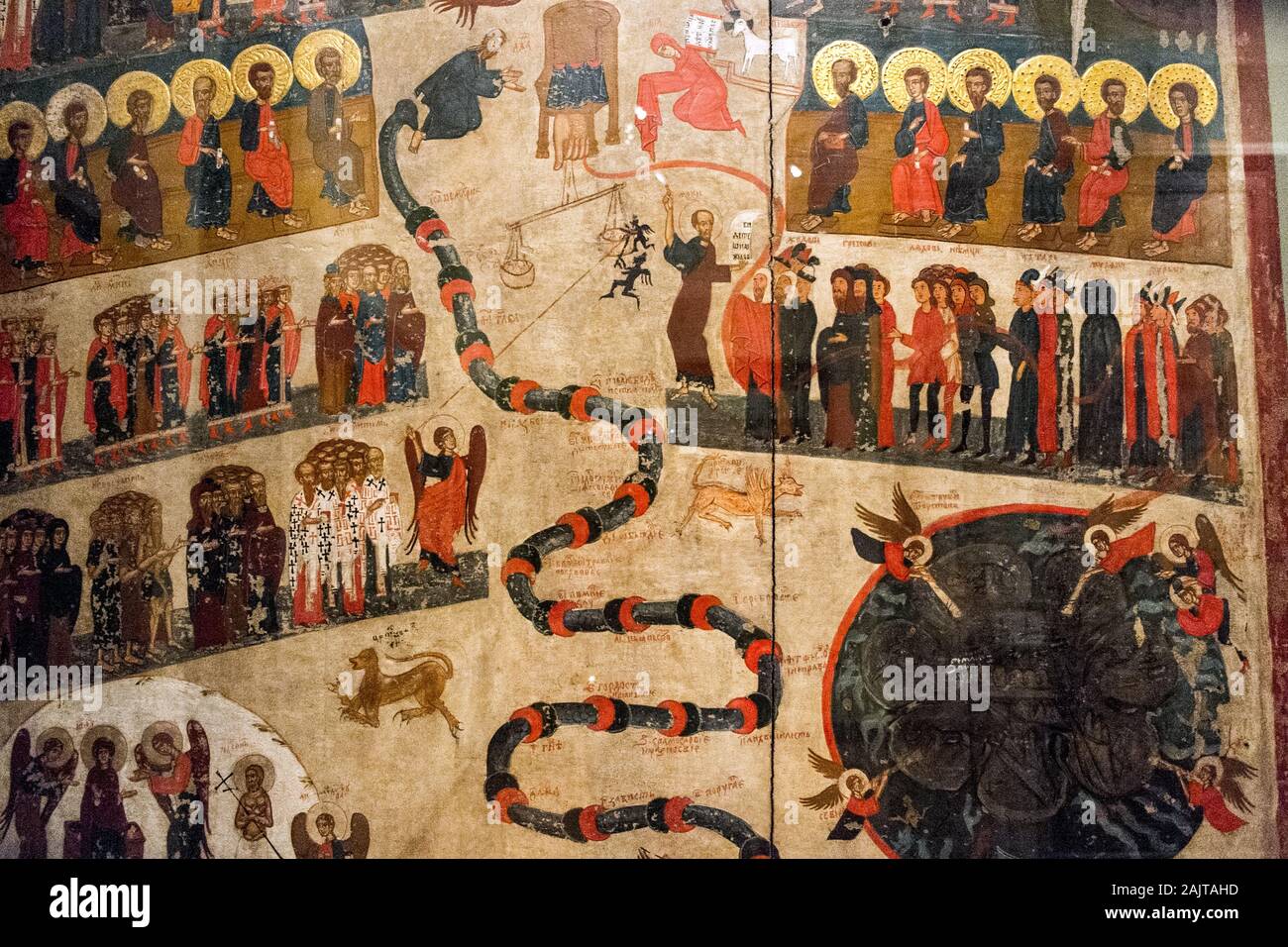 Due pannelli da una mostra sull'arte ortodossa nella vecchia Repubblica polacca, il Palazzo del Vescovo, Cracovia, in Polonia. Pannelli mostra sentenza nell'aldilà. Foto Stock