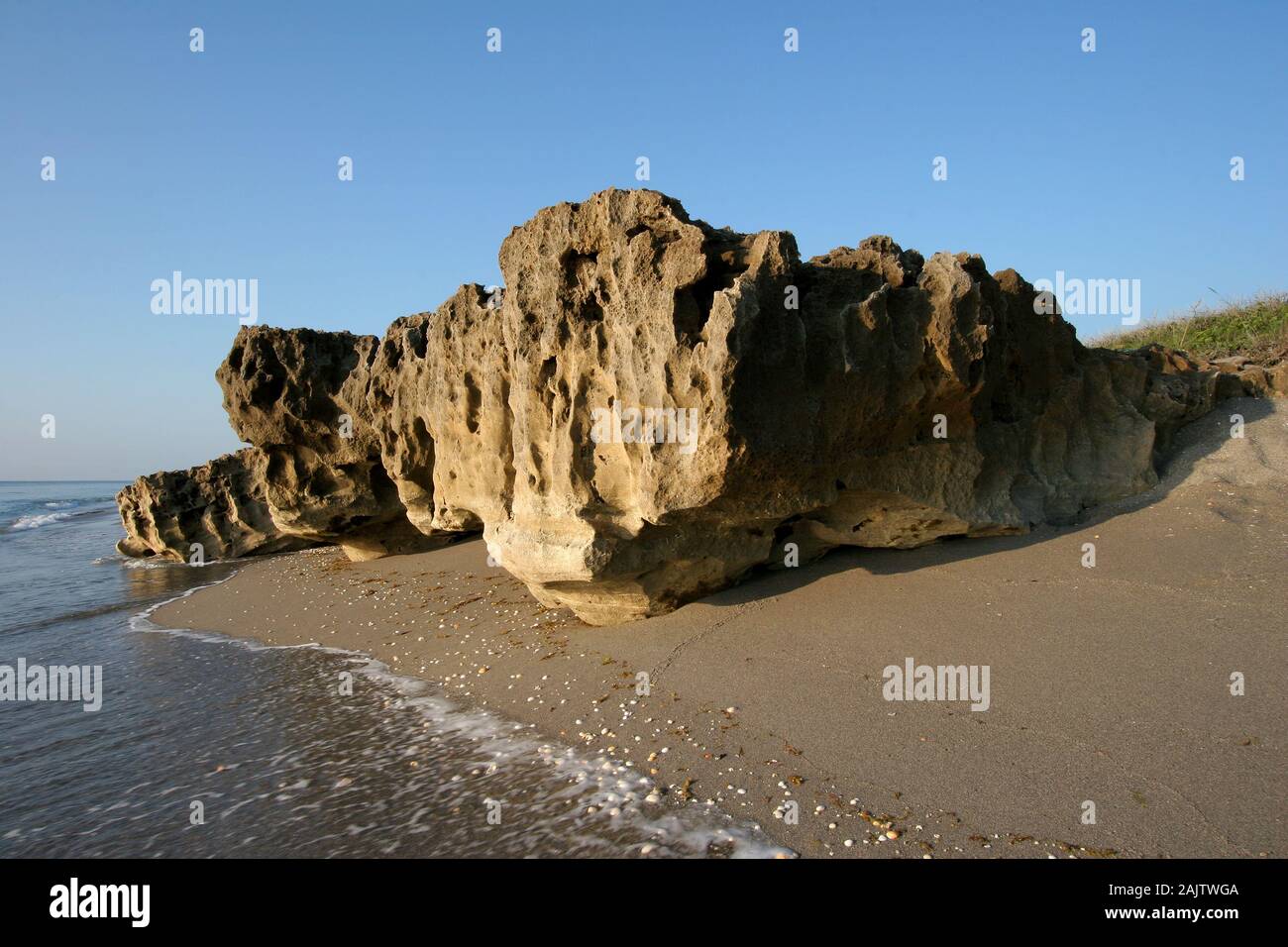 Anastasia calcare affiorante in rocce di soffiaggio preservare sull isola di Jupiter, Florida il chiaro mattina senza nuvole a bassa marea. Foto Stock