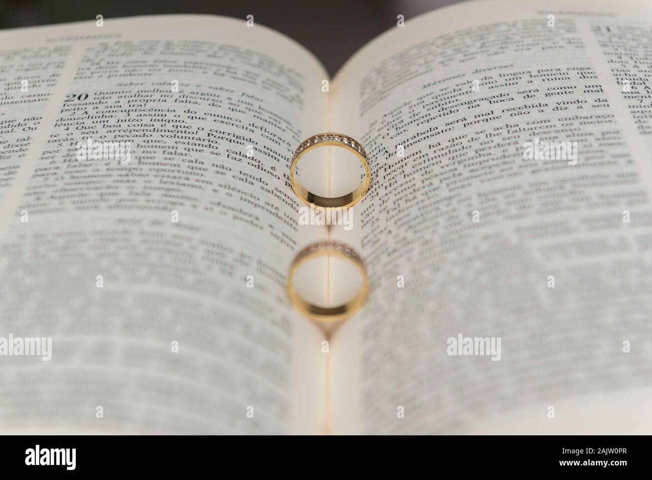 Gli anelli di nozze su una Sacra Bibbia 'Bíblia Sagrada'. Concetto di unione, amore, amicizia e fedeltà. Unione religiosa. Messa a fuoco selettiva. Foto Stock
