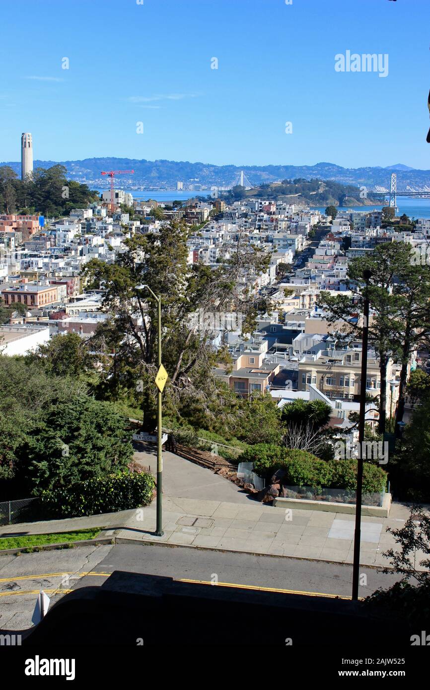 Coit Tower, Telegraph Hill, e North Beach da Russian Hill, San Francisco, California Foto Stock
