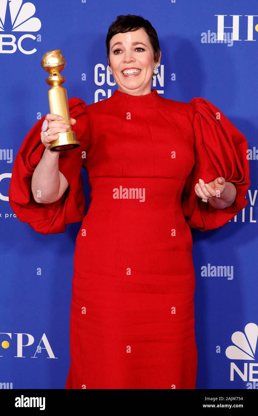 Beverly Hills, Stati Uniti d'America. 05 gen, 2020. Olivia Colman, vincitore della migliore prestazione da un'attrice in una serie televisiva - dramma per 'corona', in sala stampa durante la 77th Annuale di Golden Globe Awards presso il Beverly Hilton Hotel il 5 gennaio 2020 a Beverly Hills, la California. Credito: Geisler-Fotopress GmbH/Alamy Live News Foto Stock