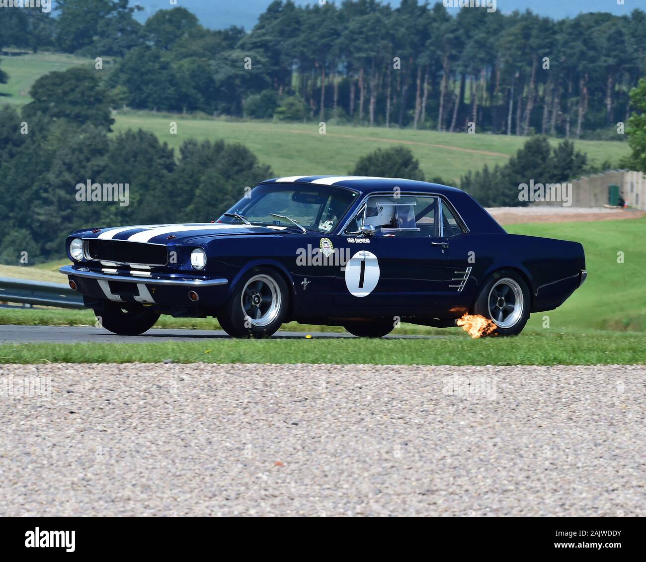 Fred Pastore, Ford Mustang, scarico fiamme, HRDC tutte le stelle, Pre-66, auto sportive, vetture GT, Touring Cars, Vintage Sports Car Club, VSCC Formula Vintage Foto Stock