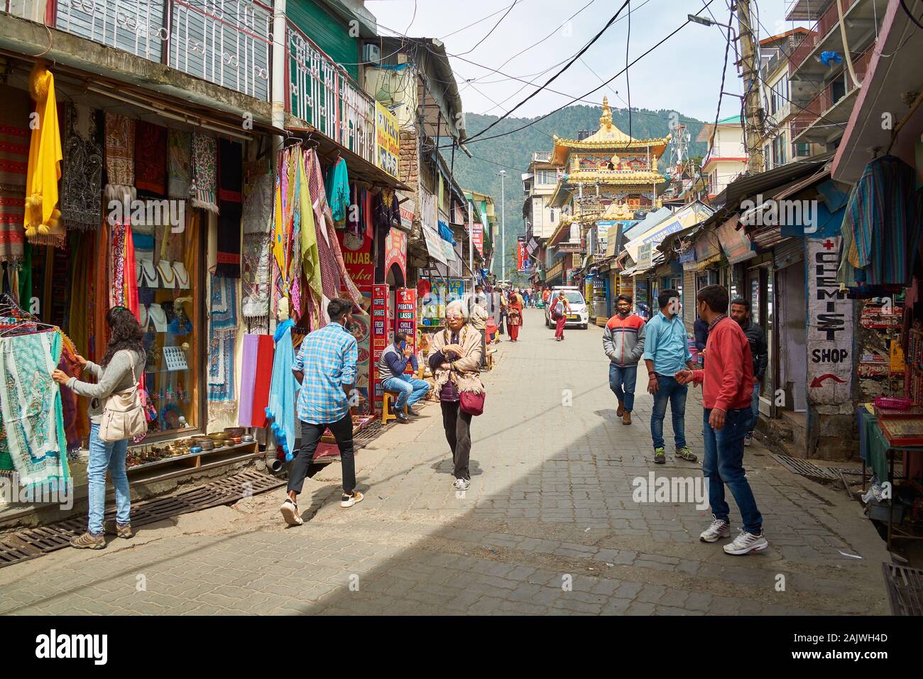 La vendita di oggetti fatti a mano e tessuti a mano è un'enorme fonte di reddito per la gente di McLeodganj vicino Dharamshala in Himachal Pradesh, India Foto Stock
